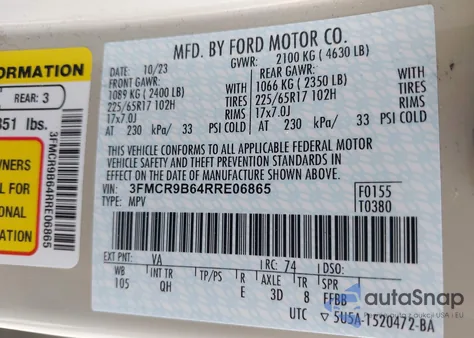 2024 Ford Bronco Sport Big Bend из США, поврежденный, VIN 3FMCR9B64RRE06865